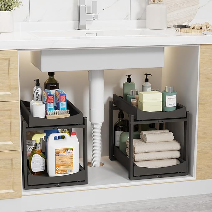 Bamboo Under Sink Organizer Adjustable Height 2 Tier Bathroom Organizer Pull Out Cabinet Storage Kitchen Heave Duty Wood Slide Ou Shelf for Kitchen Bathroom (Black, 2 Packs) (Black, 2 Packs)