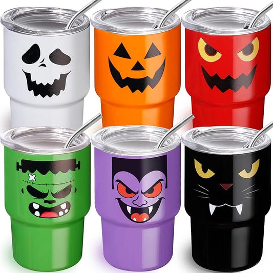 6 Pack 3 oz Halloween Shot Glasses Mini Tumblers with Straw and Lid,Pumpkin Ghost Vampire Devil Halloween Party Spooky Shot Cups Stainless Steel Vacuum Insulated Mini Cups for Cocktail Party