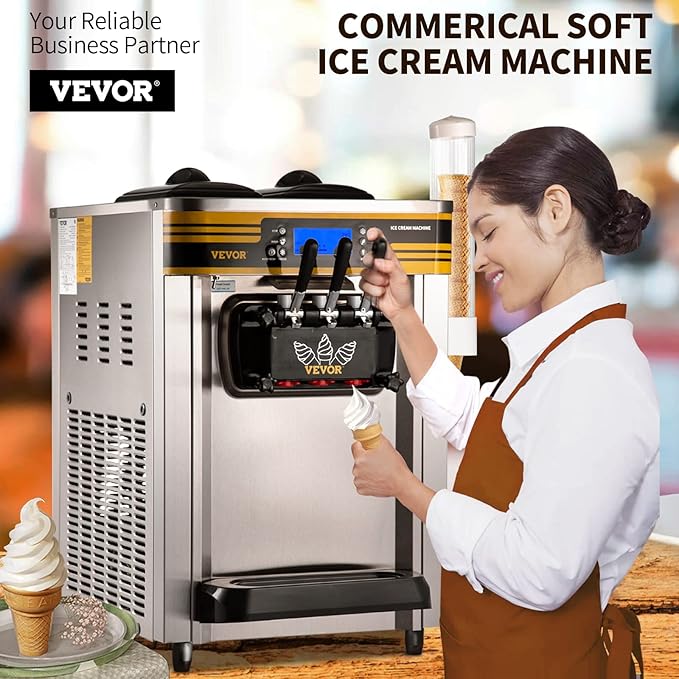 VEVOR Commercial Ice Cream Maker, 22-30L/H Yield, Countertop Soft Serve Machine with 2x6L Hopper 2L Cylinder LCD Panel Puffing Shortage Alarm, Frozen Yogurt Maker for Restaurant Snack Bar