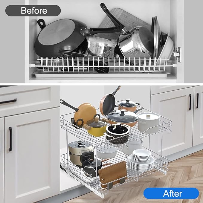 FULGENTE Chrome Finish Pull Out Drawer Cabinet Organizer 20" Wx18 Dx15.12''H 2 Tier Heavy Duty Slide Out Kitchen Storage Shelves Wire Frame Under Shelf Sliding Drawers for Inside Cupboard