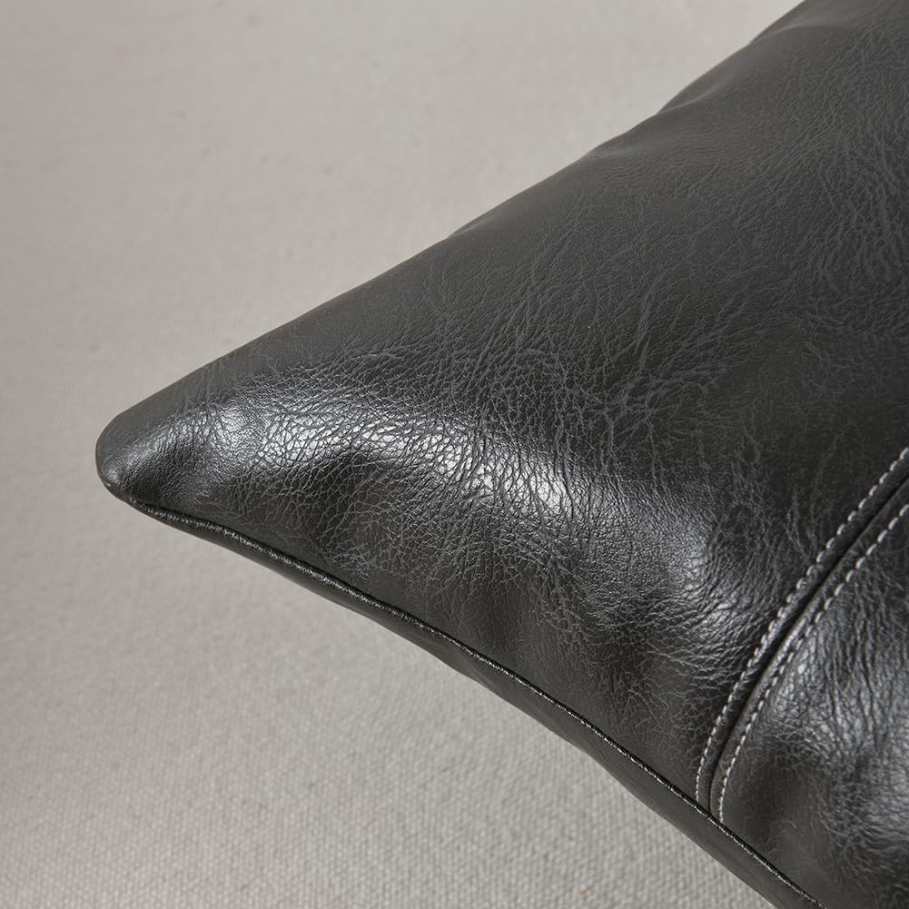 Fancy Homi Dark Gray Lumbar Waterproof Faux Leather Decorative Throw Pillow Covers 12x20 Inch for Outdoor Couch Bed, Modern Farmhouse Boho Home Decor, Grey Hand Stitched Cushion Case 30x50 cm