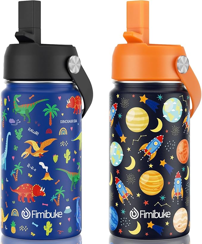 Fimibuke Kids Insulated Water Bottle, 14oz BPA FREE Double Wall Vacuum Tumbler 18/8 Stainless Steel Leak Proof Kids Cups with Straw Metal Water Bottle for School Boy Girl(2 Pack, SPACE/BLUE DINOSAUR)