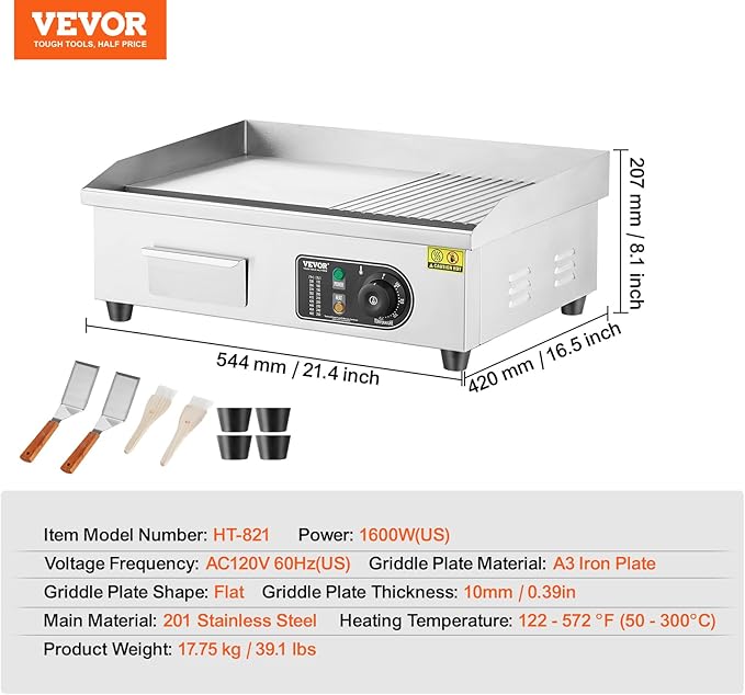 VEVOR Commercial Electric Griddle, 1600W Countertop Half-Flat Top Grill, 22in Stainless Steel Griddle Grill with 2 Shovels and 2 Brushes for Home or Restaurant, 122℉-572℉ Adjustable Temp