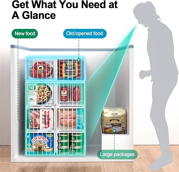 Freezer Organizer Bins, 4 Pack Stackable Deep Chest Freezer Organizer Bins, Foldable Baskets with Handles, White Storage Container Baskets for 5/ 7 Cu.FT Sort Frezen Meats