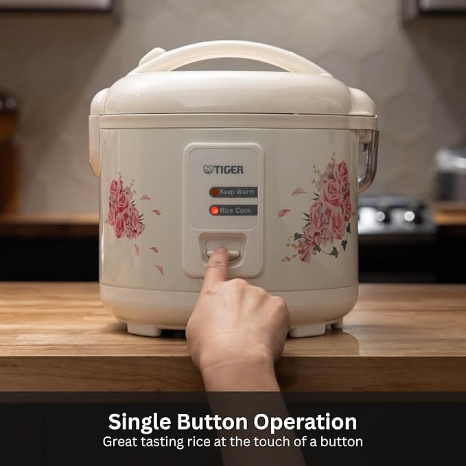Tiger JAZ-A18U-LF 10 Cup Capacity White Rice Cooker with Non-Stick Inner Pot, Retractable Power Cord, and Keep Warm up to 12 hours (Flower)