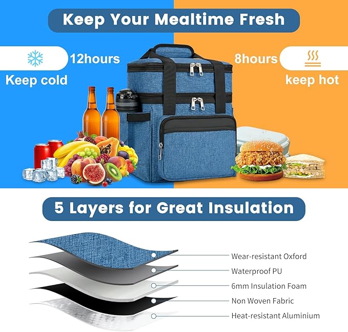 holuxer Insulated Lunch Bag & Lunch Box for Men - Double Deck Reusable Lunch Bag for Women Tote Cooler Bag Leakproof Soft Expandable - Extra Large Lunchbox for Work/Adult/Picnic/Outdoor (Blue，22L)
