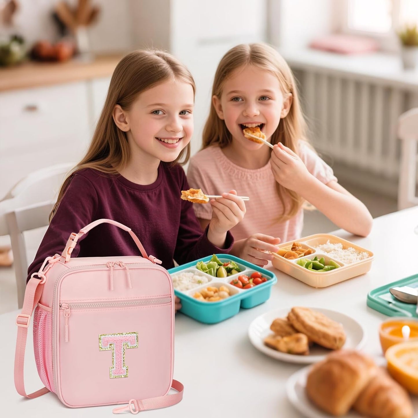 Initial Insulated Lunch Bag for Girls Kids, Back to School Gift, Reusable Leak-proof Lunch Box with Adjustable Strap for School Daycare Travel Picnic (Pink,T)