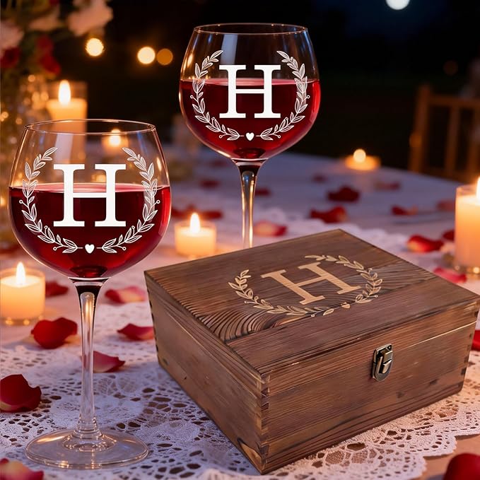 GZLDGIFTS Personalized Initial Wine Glasses Box Gift Set For Women Mom Engraved Birthday Monogrammed Wooden Christmas Gifts Wedding Anniversary Wine Couples Stopper Opener Initial Letterr (H Set)