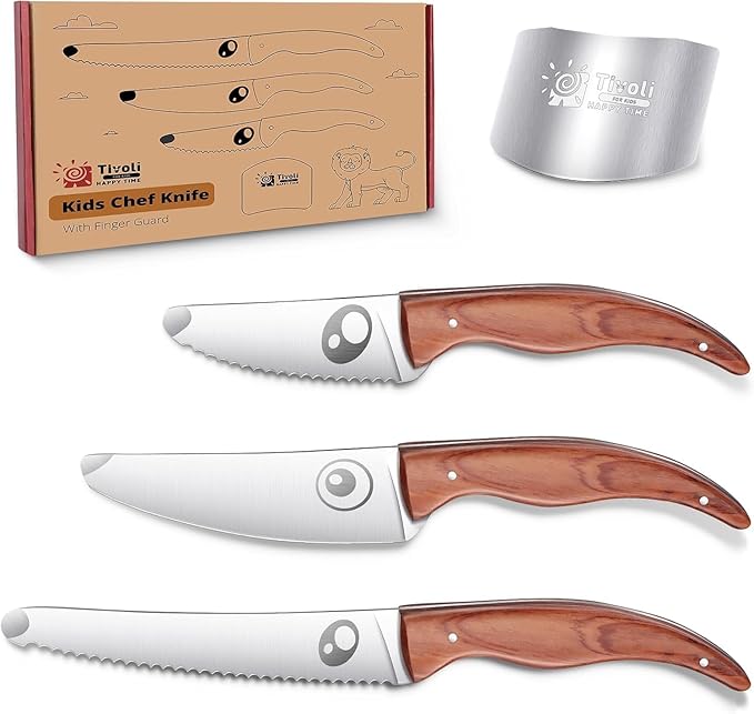 TIVOLI Kids Chef Knife Set with Finger Guard, 3-Piece Safety Stainless Steel Children's Cooking Knives for Cutting Fruits, Vegetables, Bread, Fun & Safe Kitchen Tool for Young Chefs