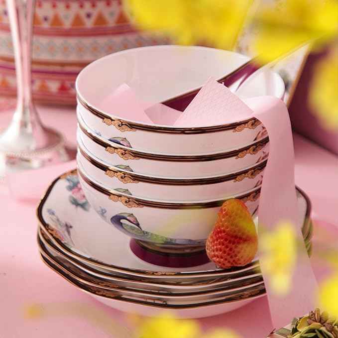 ACMLIFE Bone China Dinnerware Set, Porcelain Dinnerware Sets for 4, Vintage Floral China Dinnerware Set, Light Blue 12 Piece China Set Lightweight Bone China Dinner Sets Plates and Bowls Set (Red)