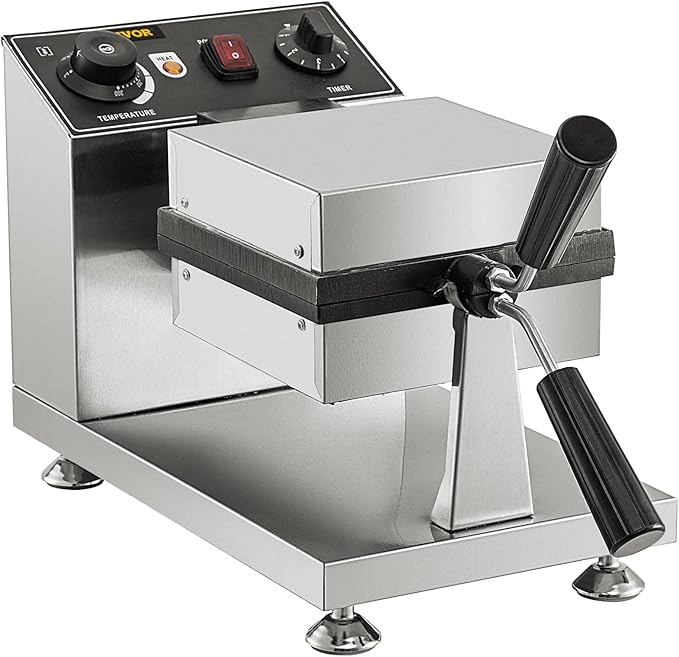VEVOR Commercial Bubble Waffle Maker, 8" Square Mould, 1200W Egg Bubble Puff Iron w/ 360°Rotatable 2 Pans & Bent Handles, Stainless Steel Baker w/Non-Stick Teflon Coating, 50-300℃/122-572℉ Adjustable