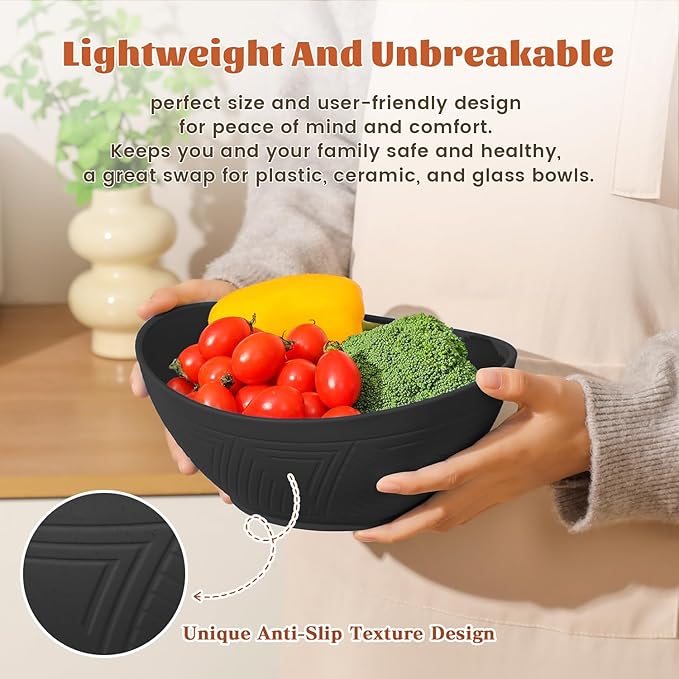 Homienly Wheat Straw Bowls Set of 6, 60 OZ Salad Bowl Large Capacity for Soup, Popcorn - Unbreakable Serving Bowl - Microwave & Dishwasher Safe Bowl, Alternative for Plastic Bowls for Kitchen - Black