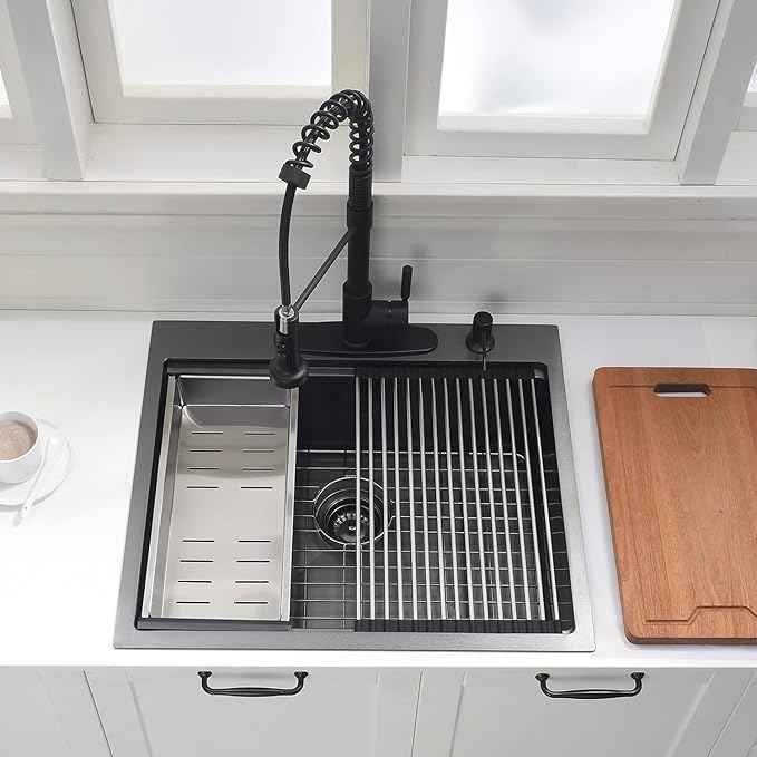 25 Inch Black Drop In Kitchen Sink Workstation - VOKIM 25x22-Inch Drop In sink 16 Gauge Stainless Steel 10'' Deep Single Bowl Handmade Kitchen Sink with Cutting Board& Strainer
