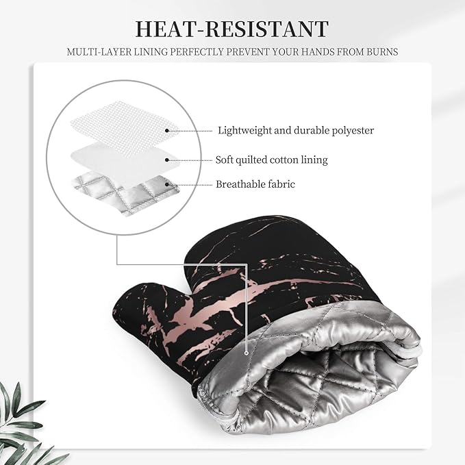 Rose Gold Black Marble Modern Oven Mitts and Pot Holders Sets of 4, Heat Resistant Silicone Oven Mittens and Potholders Gloves Hot Pads for Kitchen Cooking Baking Grilling BBQ Chef