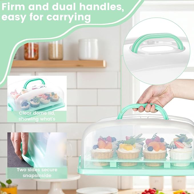 VGOODALL Cake Carrier with Lid and Handle, 12 Capacity Cupcake Holder for Muffin Pies Candies Fruits Snacks Desserts, Perfect for 14×10×4.5" Sheet Cakes, Dishwasher Safe