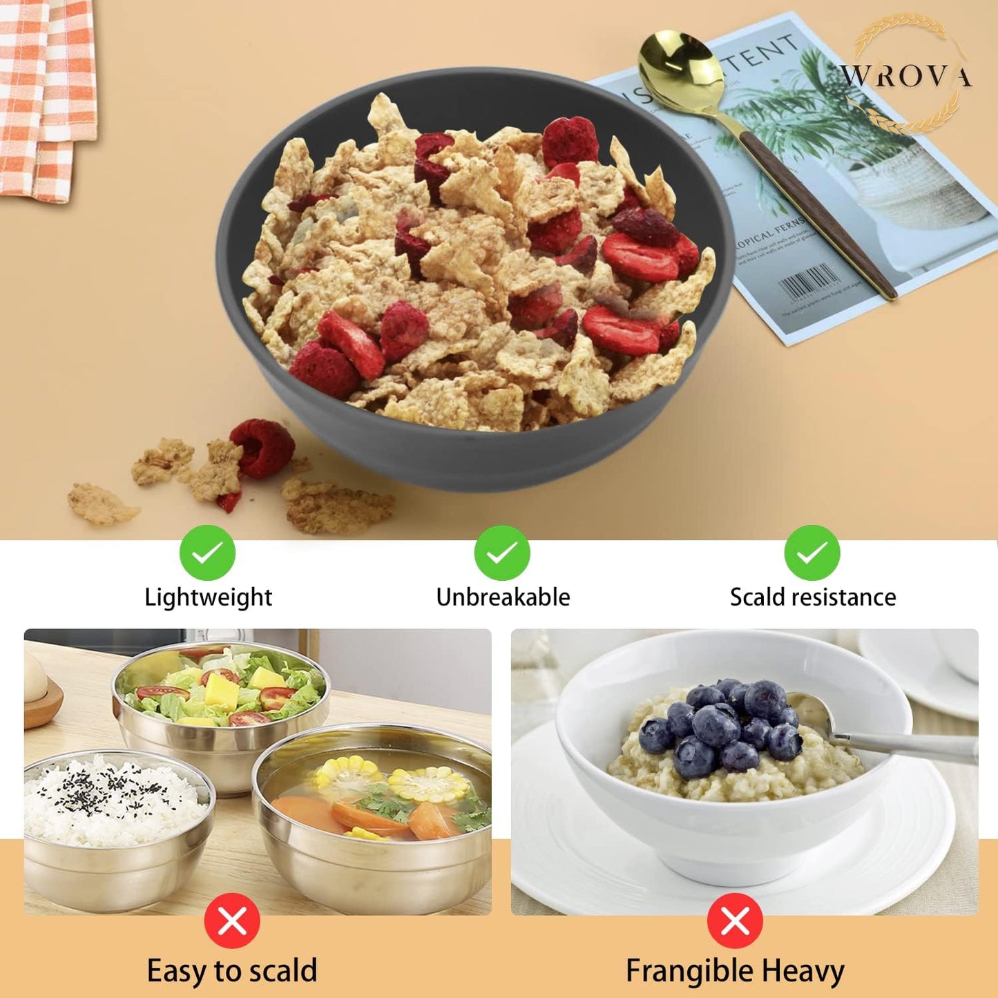 Wheat Straw Bowls Set 60 OZ Unbreakable Large Cereal Bowls Set of 6 Microwave and Dishwasher Safe Bowls Big Bowls for Apartment and Dorm BPA Free Soup Bowl for Serving Oatmeal and Salad (Deep Gray)