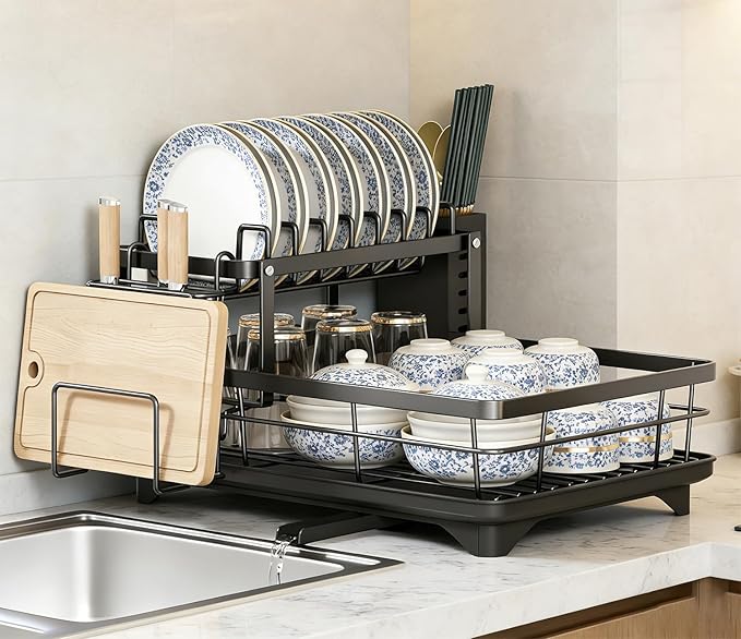 BCWW Drying Rack Dishes Stainless Steel Large Capacity 2-Tier Drying Rack Kitchen Counter Organizer with Cup Holder, Utensil & Cutting Board Storage, Space Saving (Black)