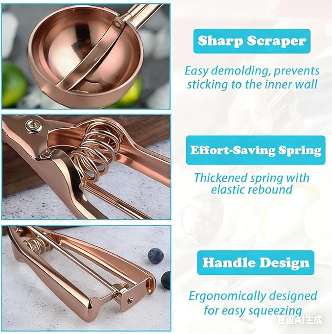 Gold Ice Cream Scoop 304 Stainless Steel Cookie Scoops for Baking Melon Baller with Trigger 3 Sizes (Rose Gold, S/M/L)