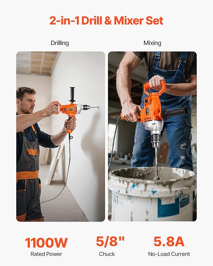 VEVOR Drill Mixer, 5/8 inch Corded Electric Drill Mixer Set, 0-850RPM 5.8A Mixing Drills, Mixing Drills Machine with D-Handle for Drilling & Blending, Handheld Cement Mixers for Fodder, Paint, Cement