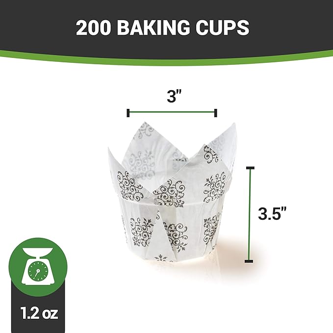 Restaurantware Panificio 1.2 Ounce Baking Cups 200 Tulip Cupcake Liners - Oven-Ready Freezable Black And White Paper Muffin Cases Disposable Vintage Floral For Wedding Parties Baby Showers