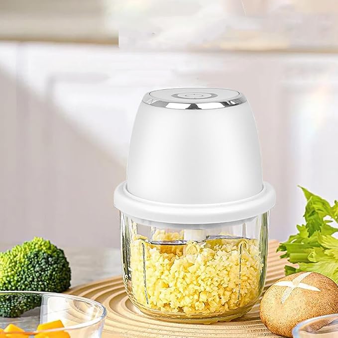 Electric Garlic Chopper, 350ml Mini Food Chopper with 6 Stainless Steel Blades & Thickened Glass, Cordless Food Processor for Garlic Ginger Herbs, White