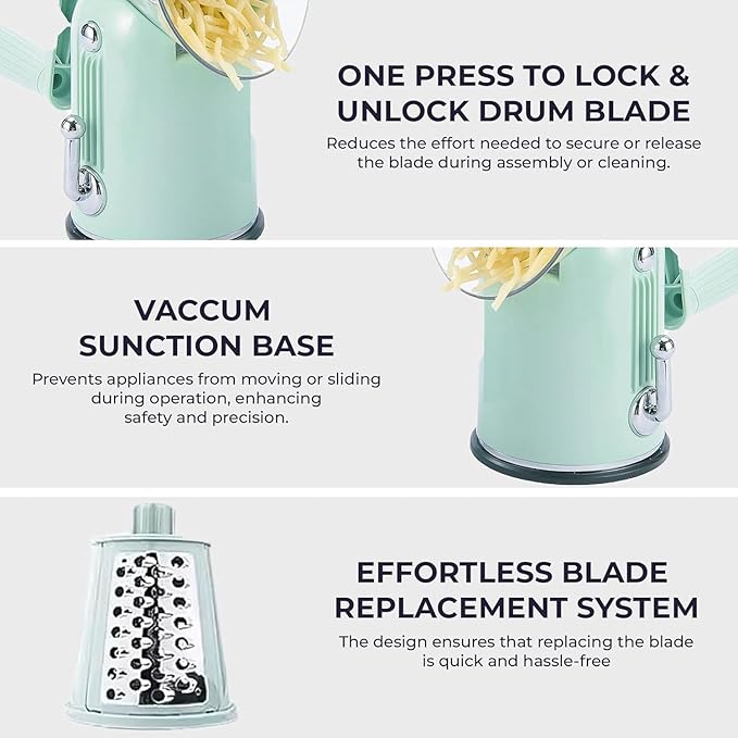 Chef Power Premium Quality Rotary Cheese Grater with Handle - Kitchen Accessories Cucumber Slicer Vegetable Salad Grater, Vegetable Grater - Cheese Grater (Light Green)