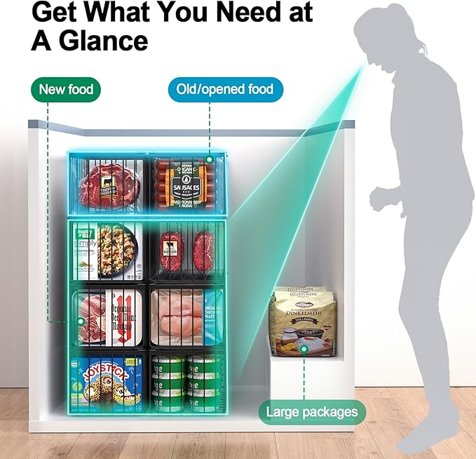 Freezer Organizer Bins, 4 Pack Stackable Deep Chest Freezer Organizer Bins, Foldable Baskets with Handles, Black Storage Container Baskets for 5/ 7 Cu.FT Deep Freezer Sort Frozen Meats