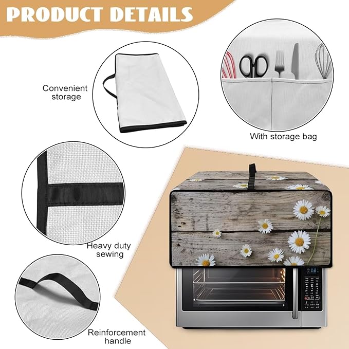 Toaster Oven Cover Washable Small Kitchen Appliance Dust Cover with Pockets, for Air Fryer Toaster Ovens, Microwaves, M, 16.5 x 20.5 x 10 inches, Daisy Wood Grain