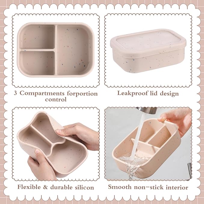 Honeydak 6 Pcs Silicone Bento Box for Adults, 3 Compartment Lunchable Food Container for Women Men, Leak Proof Microwave Dishwasher Freezer Safe (Beige)