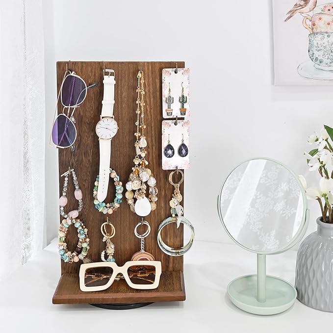 Ikee Design Wooden Rotating Two-Sided Jewelry Display Stand, Rotating Organizer with 32 Long Hooks for Store, Keychain Earring Display, Brown color, 9.1W x 7.5 D x 17.1 H in
