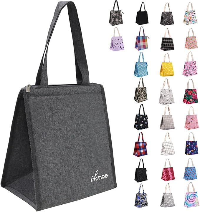 iknoe Insulated Lunch Bag for Women & Adults, 9L Foldable Wide-Open Cooler Bag with Pockets, Leakproof & Portable, for Picnic, Office, Beach(Plain grey)