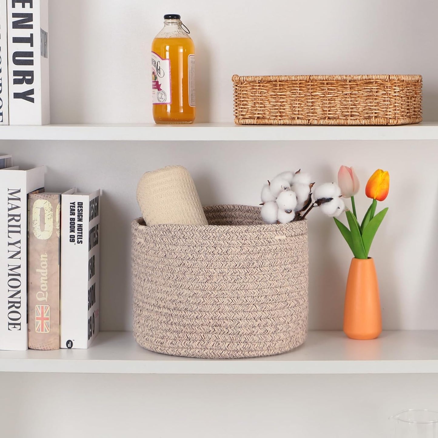 Small Basket for Organizing | Cube Shelf Closet Storage Baskets | 9.7×9.7×7.1” | Woven Rope Gift Basket | Nursery | Round 3 Packs Mixed Brown