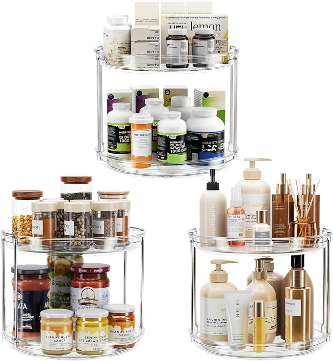 LAMU 3 Pack 2 Tier Lazy Susan Turntable Organizer 9.25'' Rotating Spice Rack Organization for Cabinet, Kitchen, Pantry, Countertop, Bathroom, Vanity, Medicine Cabinet Organizer, Clear