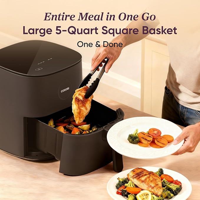 Cosori Air Fryer Pro, Compact 5QT, Ceramic Coating, 7 Presets with Preheat & Keep Warm, 450℉, Easy to use & clean, Shake Reminder, 130+ In-App Recipes, Nonstick & Dishwasher-Safe Basket, Gray