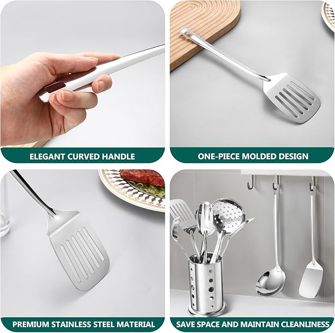 Lazycorner Kitchen Utensils Set, 11pcs Stainless Steel Cooking Utensils Set with Holder, Metal Kitchen Set for Cooking with Turners, Potato Masher, Spatula, Spoons, Pasta, Tongs