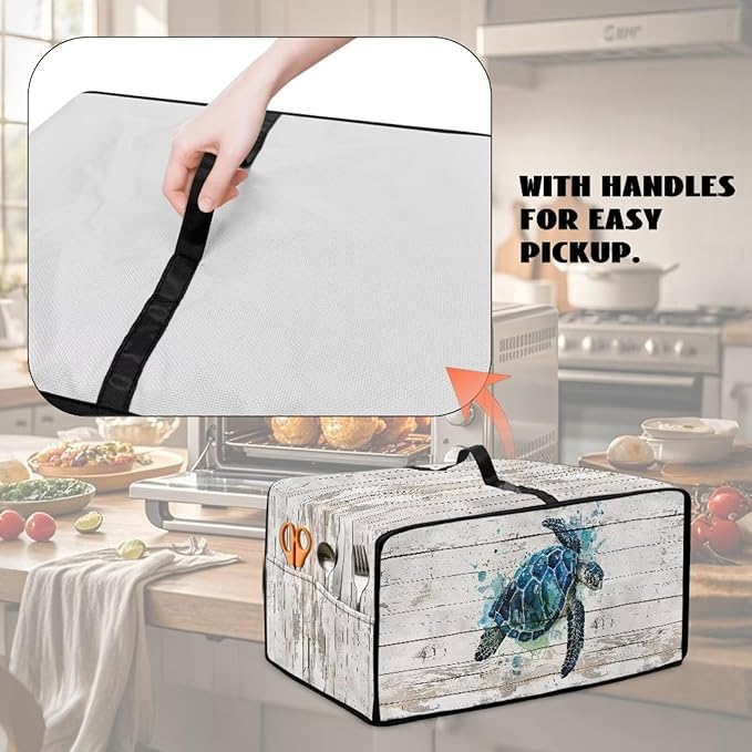 Air Fryer Toaster Oven Cover with Side Pockets, Protective Electrical Appliance Cover Kitchen Countertop Accessories and Decor, M, Watercolor Sea Turtle Wood Grain