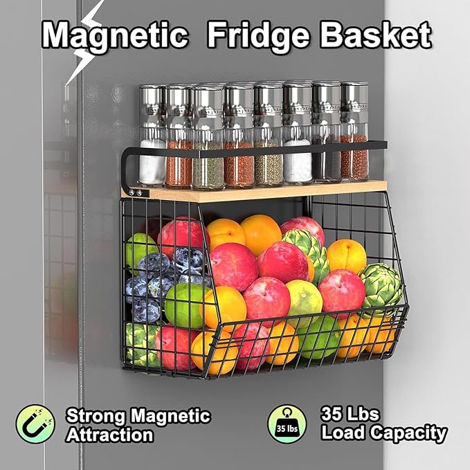 Magnetic Shelf for Fridge with Wood Lid, Fruit Potato & Onion Storage Bins, Magnetic Spice Rack for Refrigerator Pantry Organizer & Storage, Large Container for Refrigerator, Kitchen Counter & Laundry