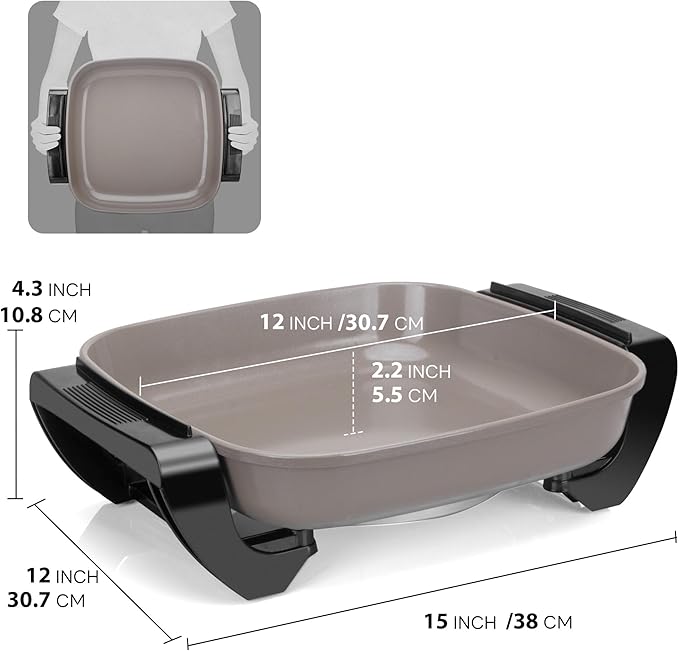 FineMade 12-inch Family Size Electric Skillet with Lid, Ceramic Skillet Electric, Square Skillet, Non Stick Electric Skillet Griddle Pan, PFAS-Free Temperature Control, 1500W, 6 QT, Gray