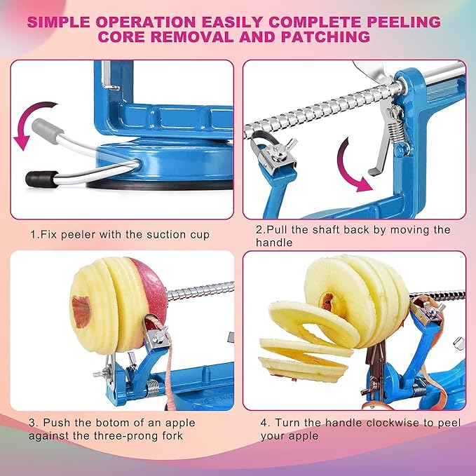 Apple Peeler, Slicer Corer Potato Peelers 3 In 1, Stainless Steel Heavy Duty with Suction Cup Base And 3 Extra Blades (Blue)