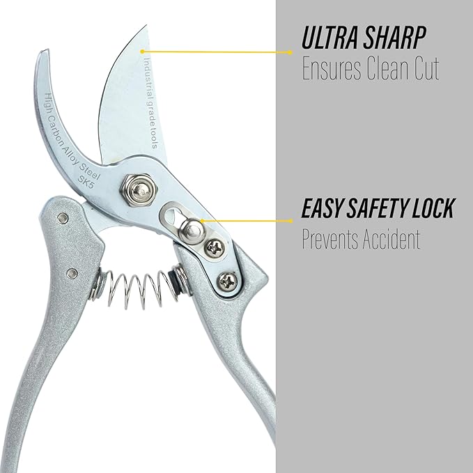 Pruning Shears SK5 Steel Hand Pruners – Ultra Sharp Garden Clippers with Safety Lock, Comfort Grip, Cuts Branches Up to 3/4 Inch for Flowers & Plants