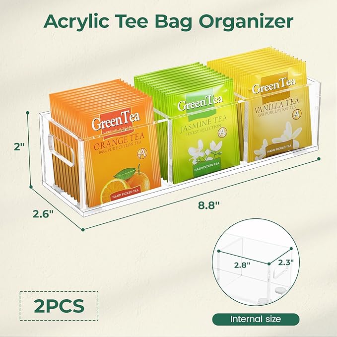 EsLuker.ly Tea Bag Holder Organizer for Counter Small Acrylic Teabag Caddy Storage, 2 Pack Clear Tea Bar Station Accessories with Easy Access for Kitchen Office Countertop Cabinet Drawer