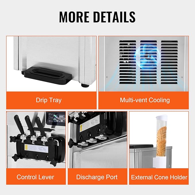 VEVOR Commercial Ice Cream Machine, 18-28 L/H Yield, 1850W 3-Flavor Countertop Soft Serve Ice Cream Maker, 2 x 5.5L Stainless Steel Cylinder, LED Panel Auto Clean Pre-cooling, for Restaurant Bars