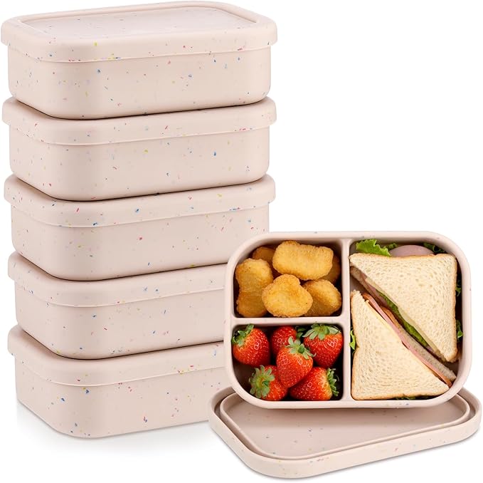 Honeydak 6 Pcs Silicone Bento Box for Adults, 3 Compartment Lunchable Food Container for Women Men, Leak Proof Microwave Dishwasher Freezer Safe (Beige)