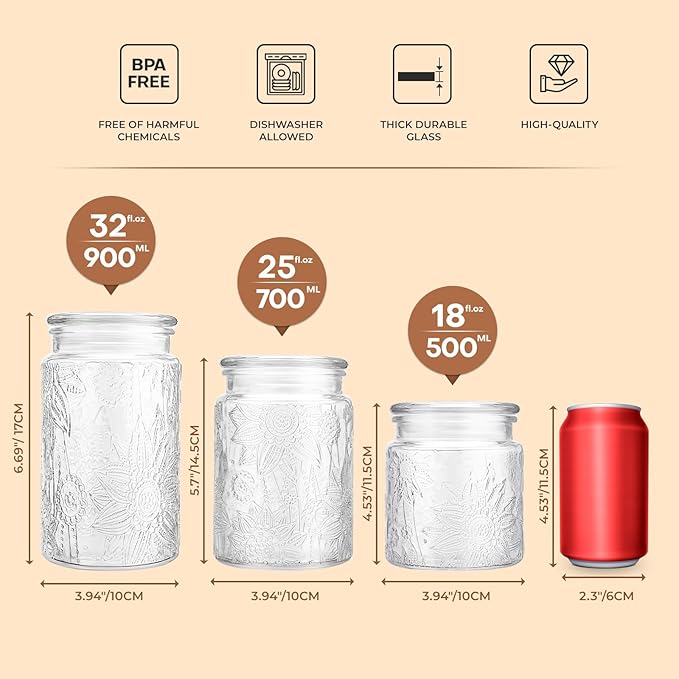 Adodeen 32oz Vintage Glass Jar With Lid, Glass Storage Containers, Airtight Kitchen Storage Containers For Sugar, Coffee, Tea, Spice, Flour, Candy Cookie, Pasta, Cereal, Cute Decorative Jars