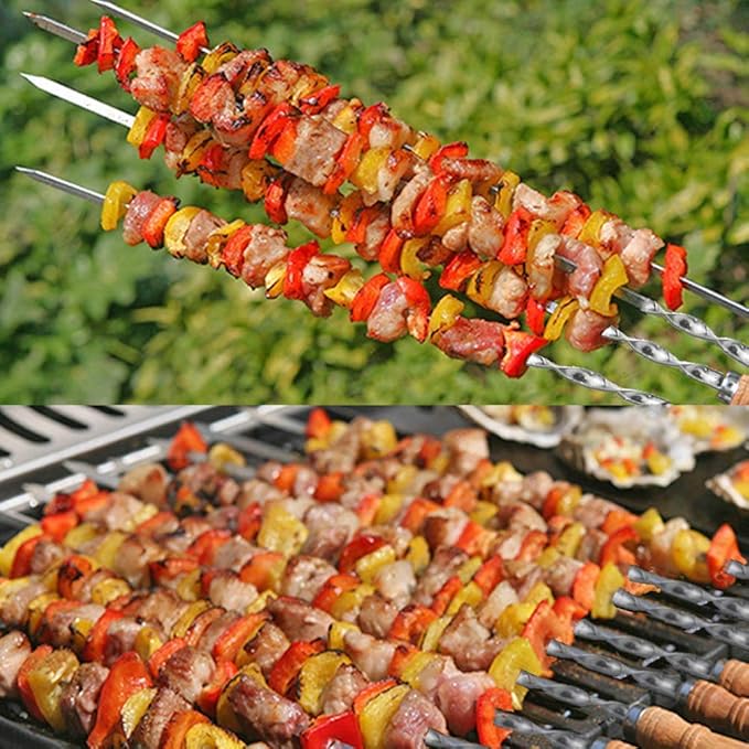 12 Pack Kabob Skewers BBQ Barbecue Skewers Stainless Steel Sticks 23.5 Inch Heavy Duty Large Wide Reusable with Nonslip Wooden Handle Ideal for Shish Kebab Chicken Shrimp and Vegetables