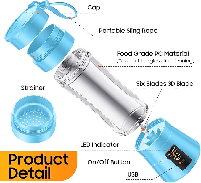 Portable Blender for Smoothies & Shakes - Cordless Personal Size Blender with 6 Blades, 380Ml Juice Cup, Lightweight & Rechargeable, Freshly Squeezed for Picnic/Sports/Office, Mother's Day