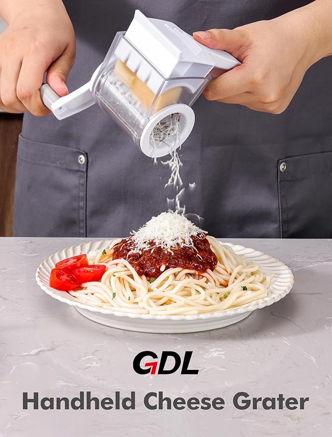 GDL Cheese Grater Hand Crank, Kitchen Rotary Grater Handheld, Dishwasher Safe Parmesan Cheese Grater with Stainless Steel Blade for Hard Cheese,Chocolate,Nuts, White