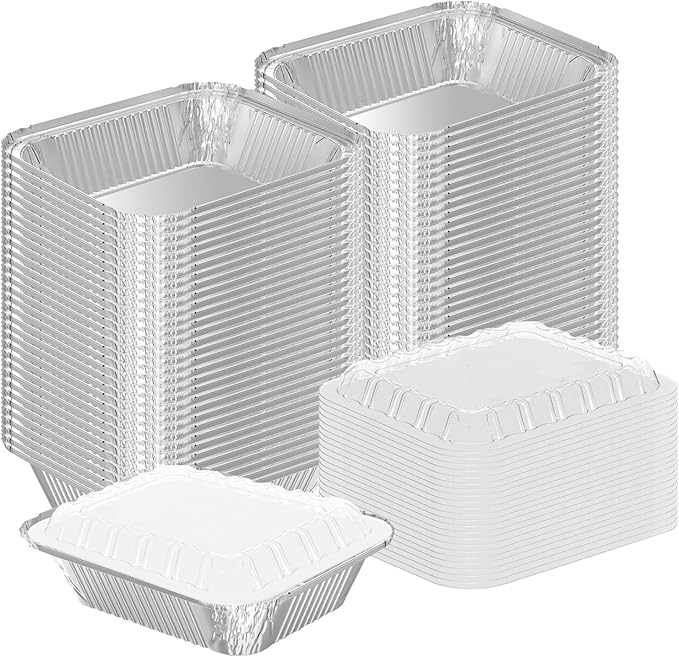 WANBAO 150 PACK 8.3"x6.2" Disposable Tin Foil Pans with Plastic Lids 2.25LB Aluminum Foil Food Containers for Cooking, Baking, Catering Party Meal Prep, Take Out, Freeze, Food Storage