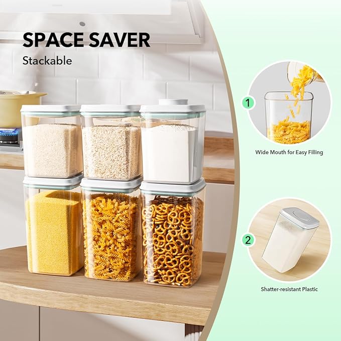Food Storage Container Set 2.8 Qt ×2 with Lids, Airtight Pantry Canisters, BPA-Free Plastic Flour Sugar Storage Containers, One-Touch Press-to-Open Lids, Stackable Clear Jars for Rice, Cereal, Coffee