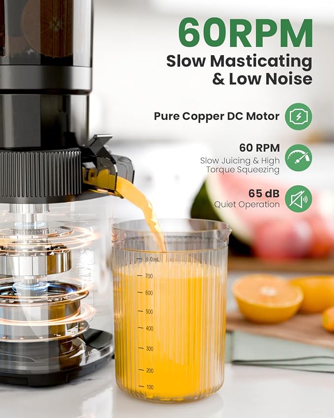 Kismile Cold Press Juicer Machine with Touch Control & 3 Modes, 4.5” Wide Feed Chute Slow Juicer for Whole Fruits & Vegetables, Stainless Steel Juicer Press, Easy to Clean, High Juice Yield for Home